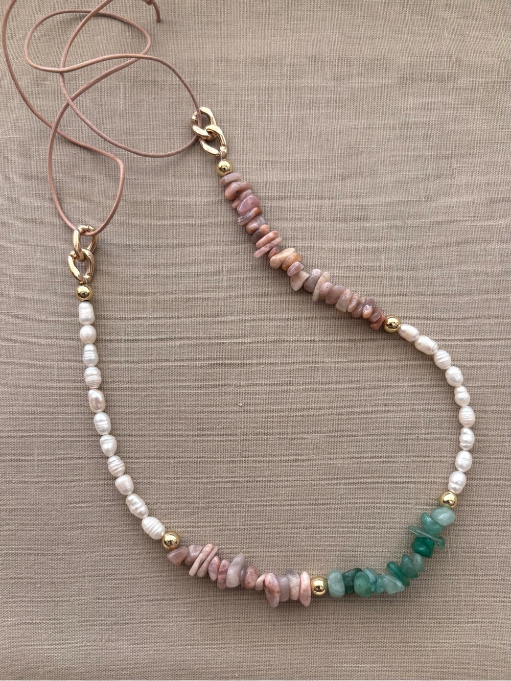 Pearl & Healing Gemstone Necklace with Leather Cord